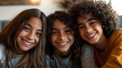 Fototapeta premium Closeup of three young friends, a Black girl with a joyful grin and long hair, a white boy with a bright smile and medium-length hair