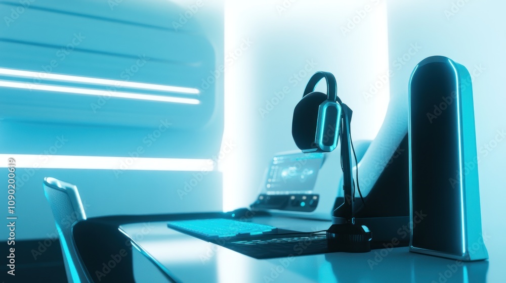 Poster a modern gaming setup featuring a headset, keyboard, and illuminated design elements.