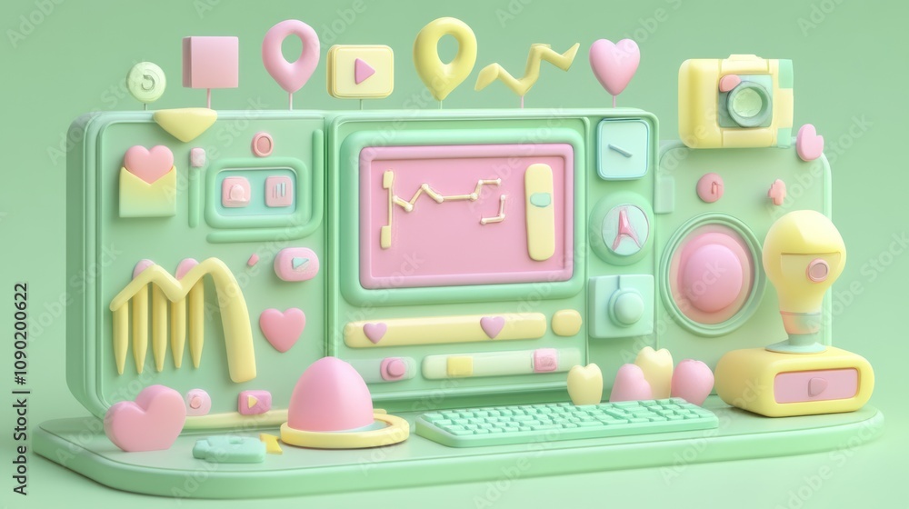 Poster A pastel-themed computer setup featuring playful icons and tools for digital creativity.