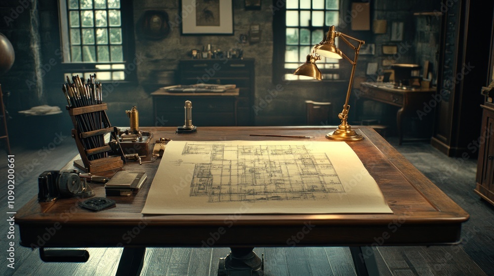 Poster a vintage workspace featuring a drafting table with blueprints and tools for design.