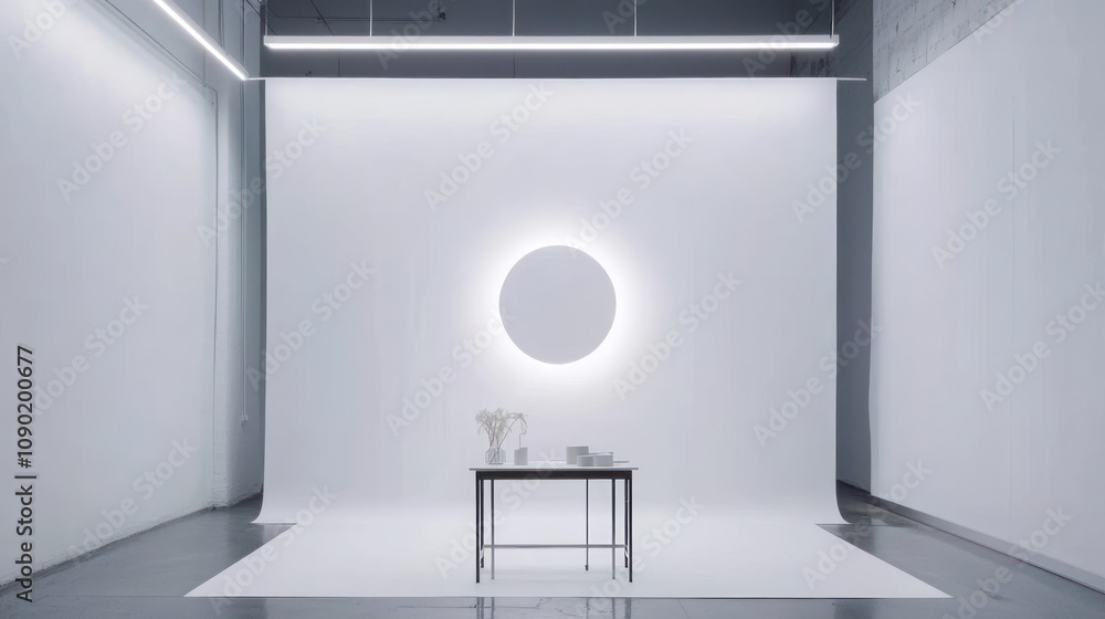 Aufkleber Minimalist studio with a circular light and a simple table setup.