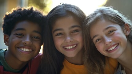 Fototapeta premium Closeup of three young friends, a Black girl with a radiant smile and braided hair, a South Asian boy with a bright grin and short hair