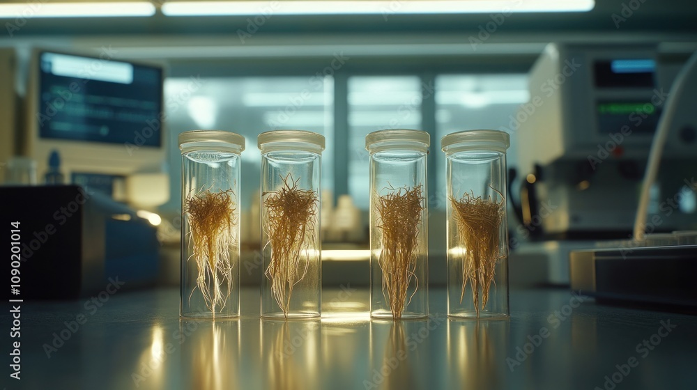 Aufkleber Four glass vials containing root-like structures on a laboratory table.