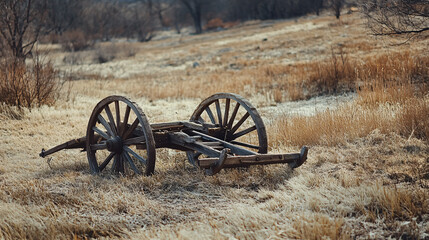 Fototapeta premium old wooden wagon wheel abandoned in a field of brown grass