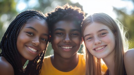 Fototapeta premium Closeup of three young friends, a Black girl with a radiant smile and medium-length hair, a Hispanic boy with a cheerful expression and short curly hair