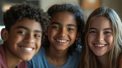 Fototapeta premium Closeup of three young friends, a Black girl with a radiant smile and medium-length hair, a Hispanic boy with a joyful expression and short hair