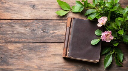 Fototapeta premium Exploring nature's beauty a rustic book and fresh greenery on wooden table cozy atmosphere still life