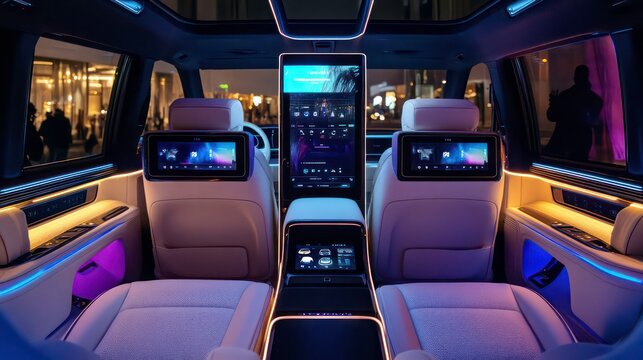 Luxurious car interior with large screens, ambient lighting, and comfortable leather seats.