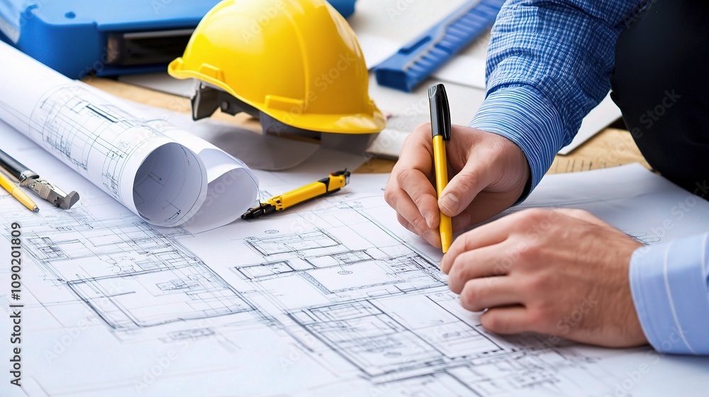 Poster engineer and architect reviewing blueprints on a table with construction tools including a hard hat 