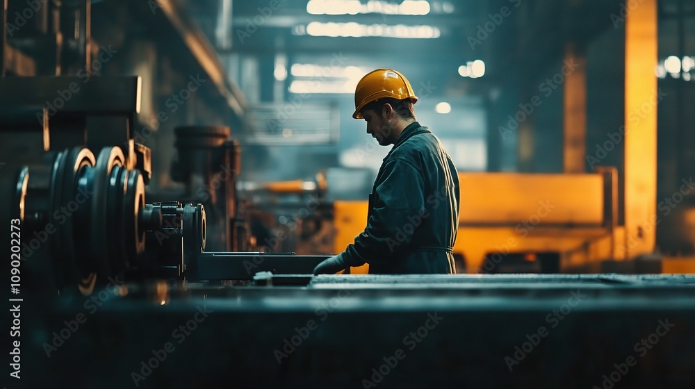 Poster dedicated engineer working diligently in a factory environment, illustrating commitment and precisio