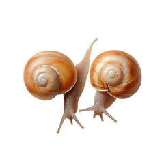 Two snails, with their distinct spiraled shells, placed side by side against a clean white background