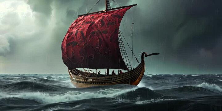 Viking longship navigating stormy seas, 4K Video