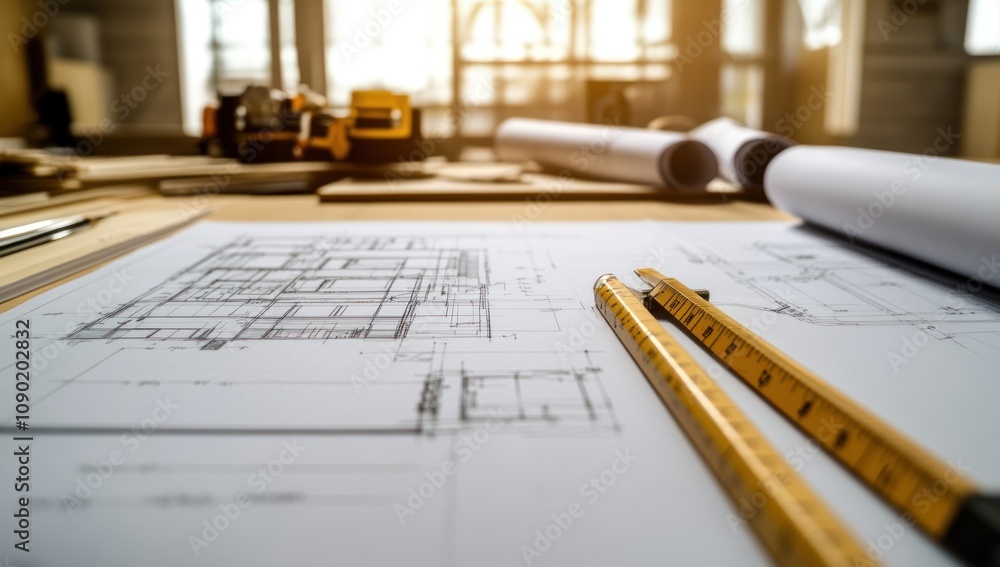 Poster A workspace featuring architectural blueprints and drafting tools.