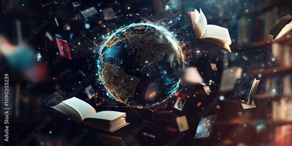 Poster a mystical globe surrounded by floating books, symbolizing knowledge and exploration.