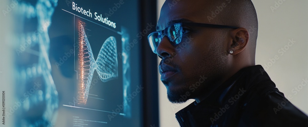Poster a focused individual examines a digital display related to biotechnology.