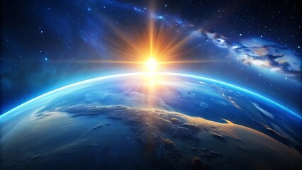 Fototapeta premium A radiant sunrise illuminates the Earth from space, showcasing the planet's vibrant blue oceans and diverse landmasses against a backdrop of twinkling stars and celestial nebulae.