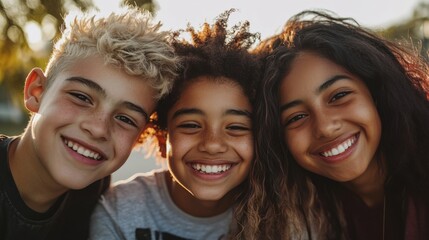 Fototapeta premium Closeup of three young friends, a white boy with a playful smile and spiky hair, a Black girl with a big grin and curly hair