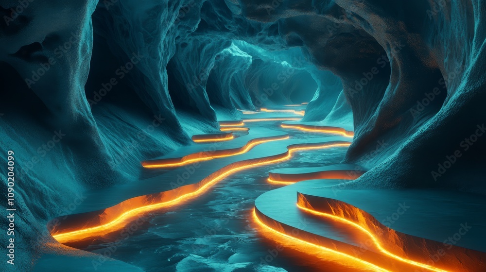 Poster a mesmerizing cave with glowing orange lava flowing through a blue-hued environment, creating a surr