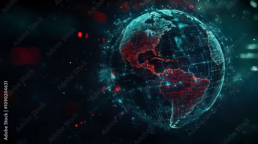 Poster the globe is enveloped in a blue and red digital network on a dark background, symbolizing connectiv