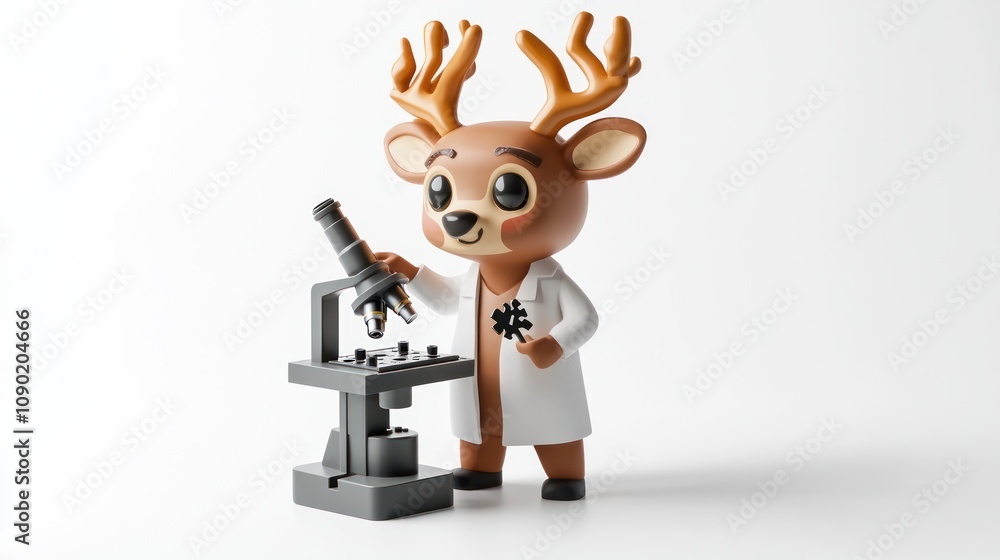 Poster a cartoon deer in a lab coat examines samples with a microscope, blending science and fun.