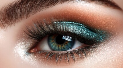 Obraz premium Close-Up of Female Eye with Long False Eyelashes and Stunning Makeup Featuring Sparkling Eyeshadow in Vibrant Colors Against a Soft Background