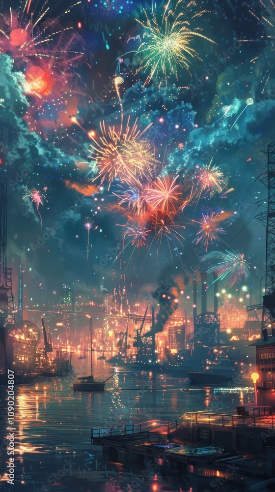 Poster a vibrant fireworks display explodes over a cityscape, illuminating the harbor with colorful light t