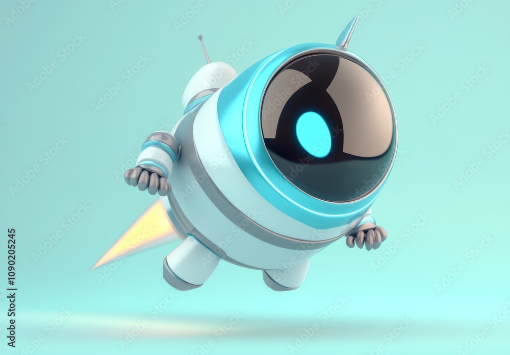Poster a futuristic robot character flying with a jetpack in a vibrant, minimalistic background.