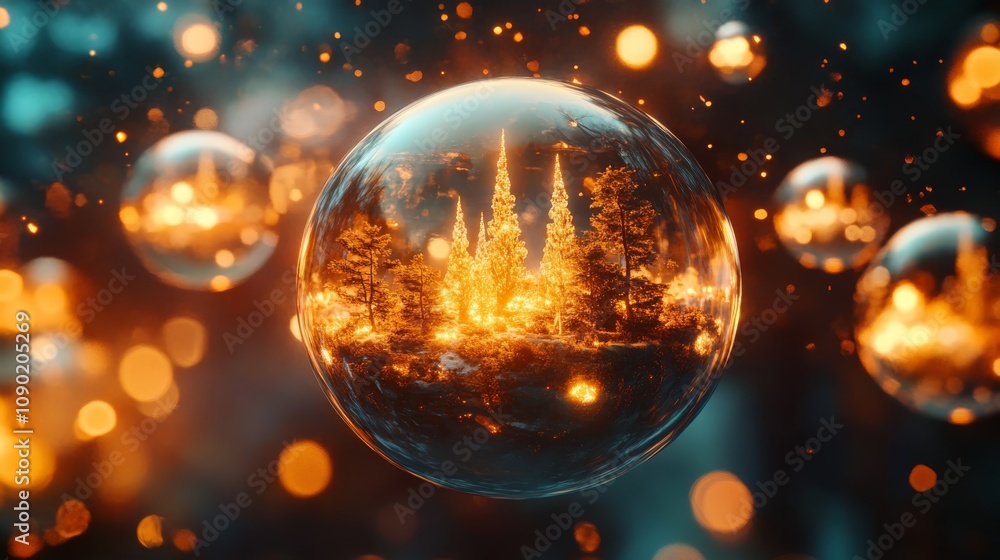 Poster a glowing bubble encapsulates a fiery landscape, blending elements of fantasy and magic in a captiva