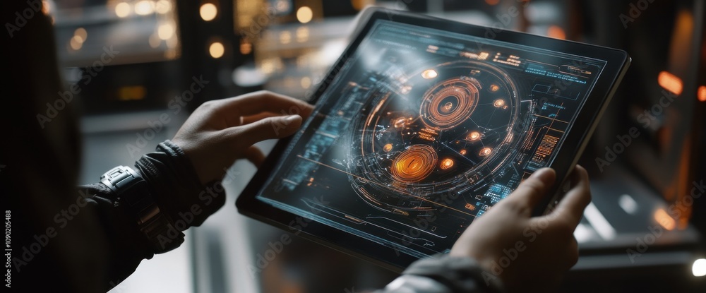 Poster a person examines a futuristic tablet displaying a complex digital interface and planetary data.