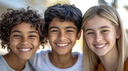 Fototapeta premium Closeup of three young individuals, a Black boy with a cheerful grin and short curly hair, a white girl with a joyful smile and straight hair