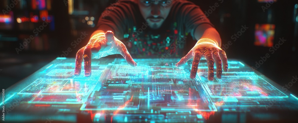 Poster A person interacts with a holographic interface displaying digital data and technology.