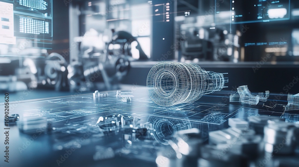 Poster detailed futuristic mechanical blueprint showcasing advanced technology with intricate designs and c