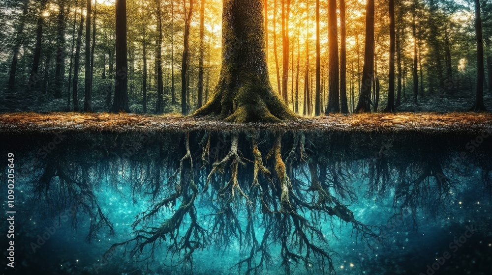 Poster a serene forest scene showcasing a large tree with roots submerged in water, illuminated by warm sun