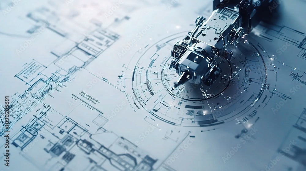 Poster futuristic mechanical blueprint of a high-tech project featuring detailed technical design elements 