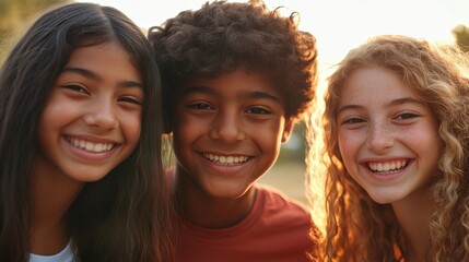 Fototapeta premium Closeup of three young individuals, a Black boy with a radiant smile and medium-length hair, a South Asian girl with a playful grin and long hair