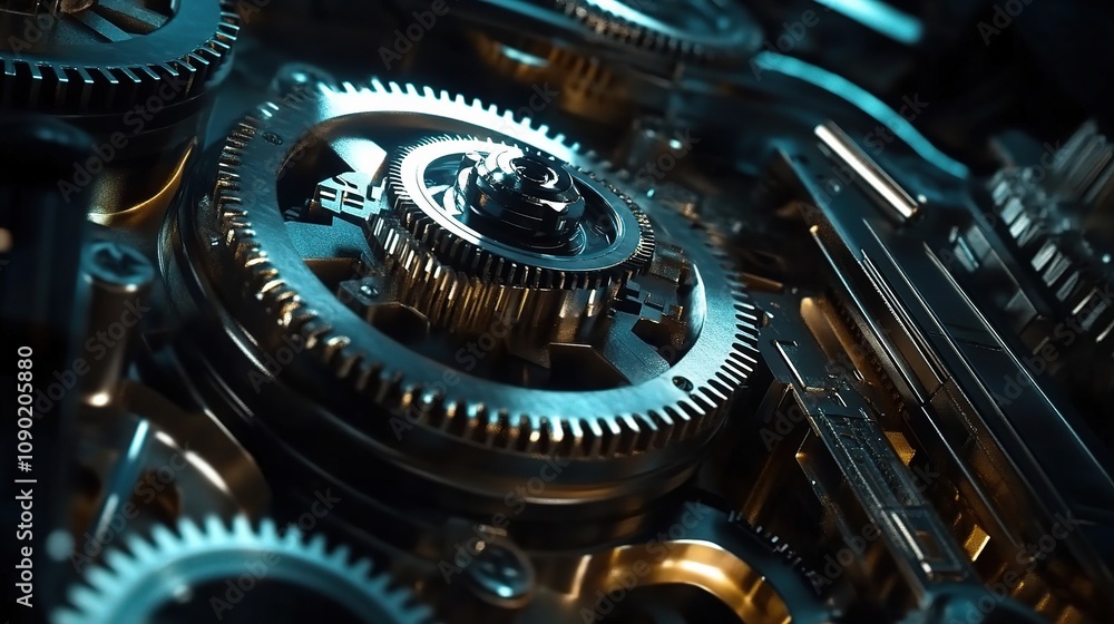 Poster close-up view of interlocking gears and cogs in an industrial machine mechanism, showcasing precisio