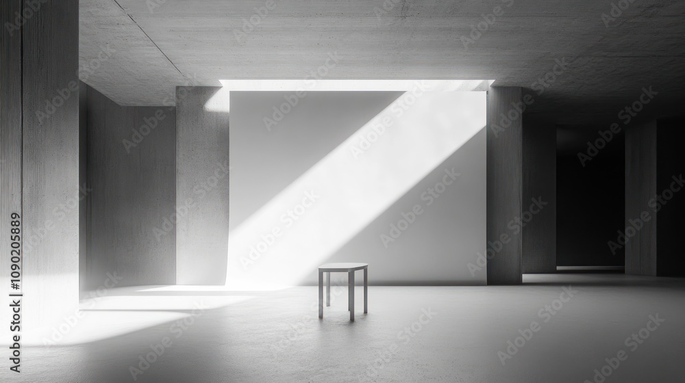 Poster a minimalist, industrial space featuring a single table illuminated by natural light.