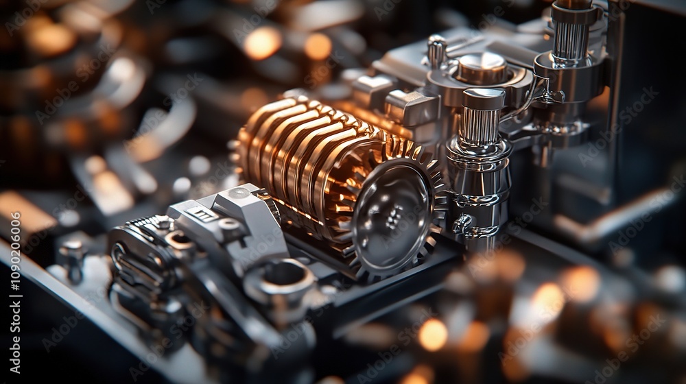 Poster intricate close-up of industrial machinery featuring gears, cogs, and mechanisms highlighting precis