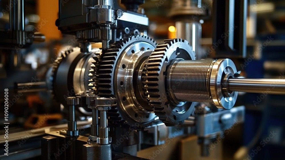 Poster intricate gears and cogs of a high-precision industrial machine with a horizontal configuration and 