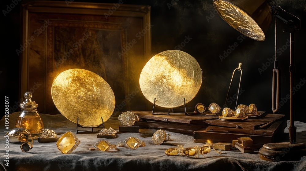 Poster a still-life arrangement featuring golden gems and artifacts illuminated by soft light.
