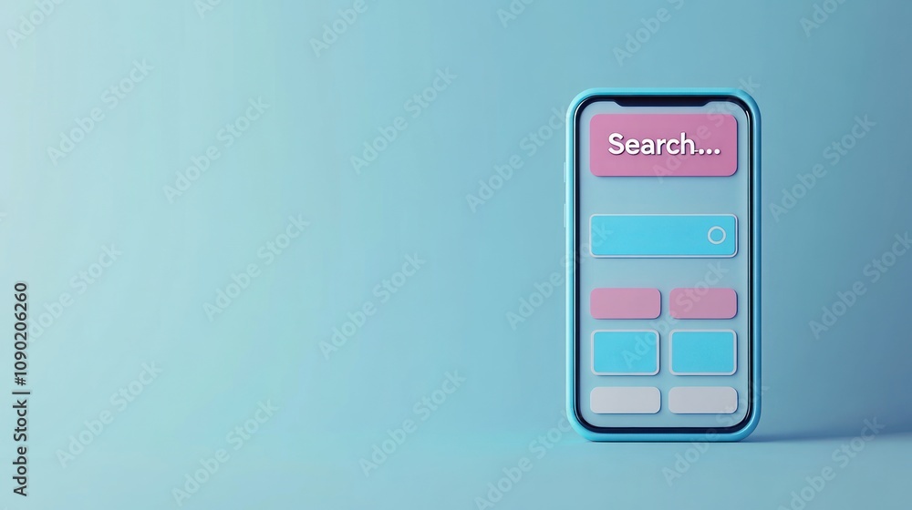 Poster A smartphone displaying a search interface on a blue background.