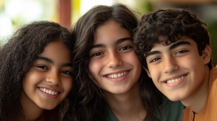 Fototapeta premium Closeup of three young individuals, a Black girl with a radiant smile and medium-length hair, a white boy with a cheerful grin and wavy hair