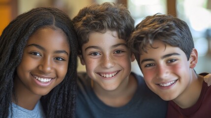 Fototapeta premium Closeup of three young individuals, a Black girl with a radiant smile and medium-length hair, a white boy with a cheerful grin and wavy hair