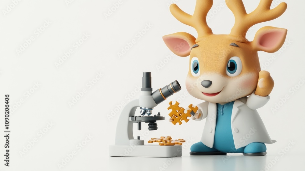 Poster a cartoon deer in a lab coat examines puzzle pieces with a microscope, promoting science.