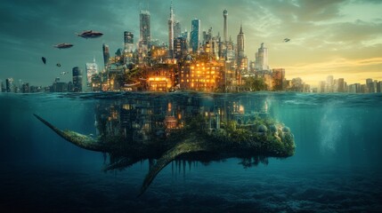 Obraz premium A surreal underwater cityscape featuring a giant creature swimming beneath, blending elements of fantasy and futuristic architecture.