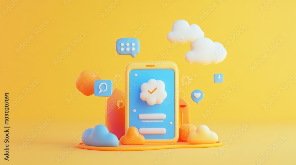 Aufkleber a colorful smartphone with cloud icons and chat bubbles, representing digital communication.