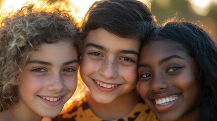 Fototapeta premium Closeup of three young individuals, a South Asian boy with a bright smile and curly hair, a white girl with a joyful grin and medium-length hair