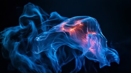 Fototapeta premium A vibrant, ethereal swirl of blue and red hues resembling smoke or jellyfish, set against a dark background, creating a mystical atmosphere.