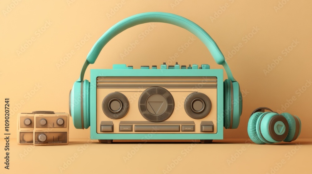 Poster a retro-style radio with headphones, showcasing a playful design in a minimalist setting.