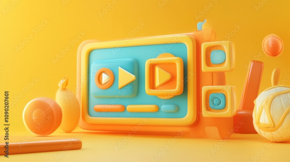 Poster A colorful, playful 3D rendering of media controls and playful shapes against a bright background.